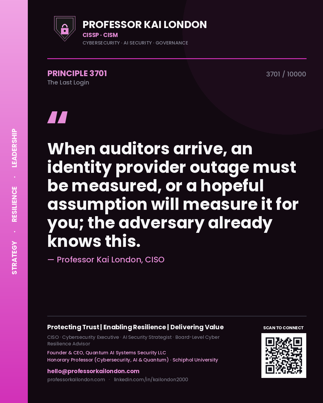 Professor Kai London principle 3701: When auditors arrive, an identity provider outage must be measured, or a hopeful assumption will measure it for you; the adversary already knows this.