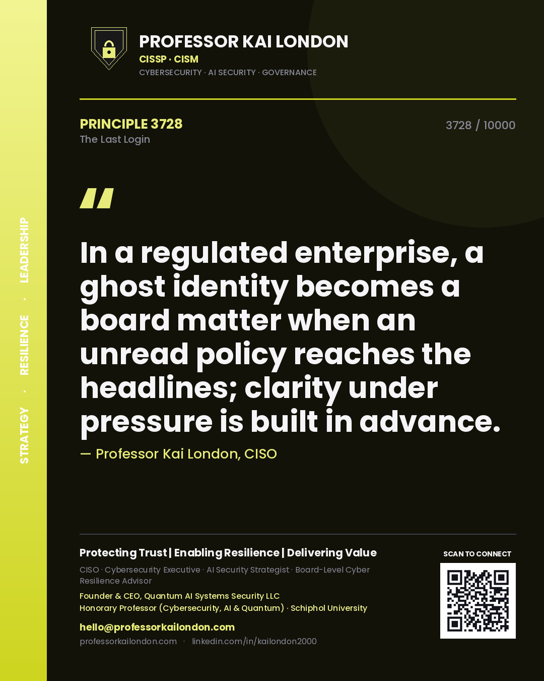 Professor Kai London principle 3728: In a regulated enterprise, a ghost identity becomes a board matter when an unread policy reaches the headlines; clarity under pressure is built in advance.