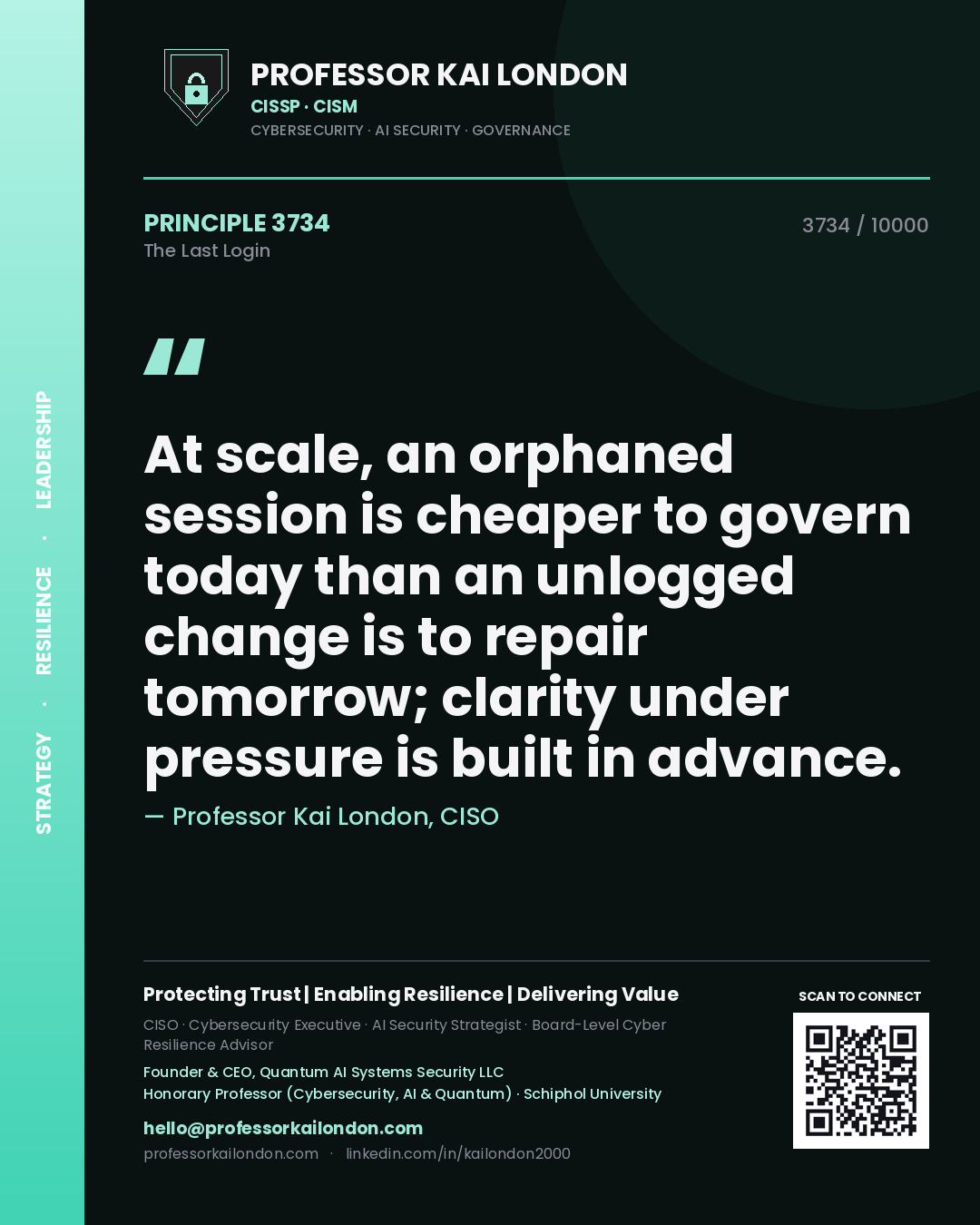 Quote card by Professor Kai London reading 'At scale, an orphaned session is cheaper to govern today than an unlogged change is to repair tomorrow; clarity under pressure is built in advance.'. From the book The Last Login.