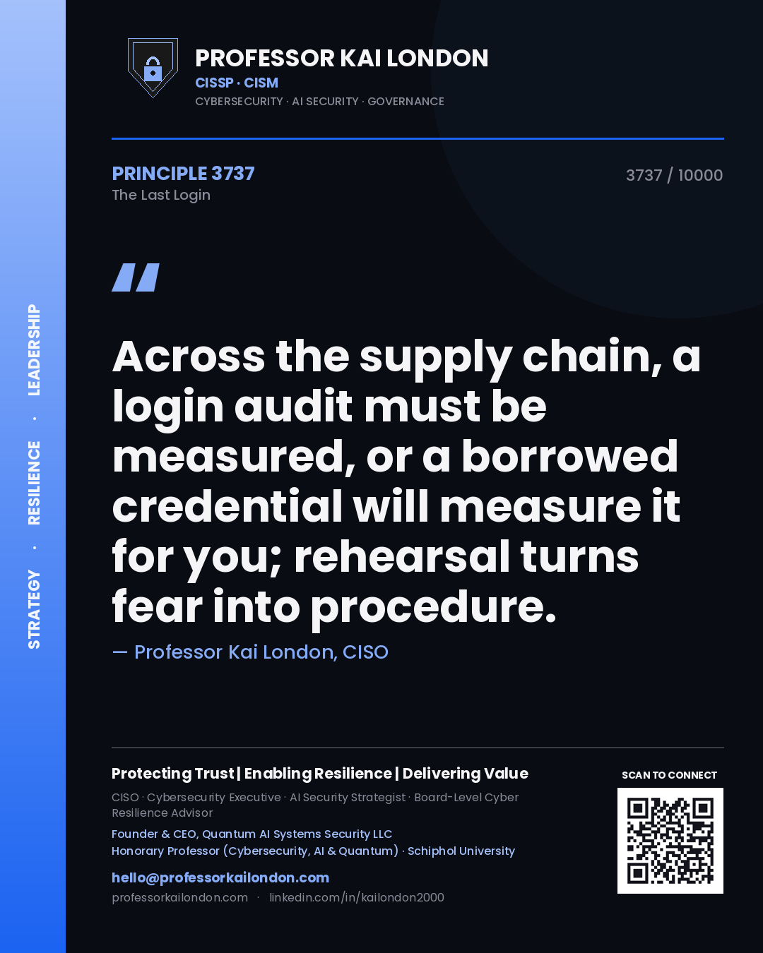 Quote card by Professor Kai London reading 'Across the supply chain, a login audit must be measured, or a borrowed credential will measure it for you; rehearsal turns fear into procedure.'. From the book The Last Login.