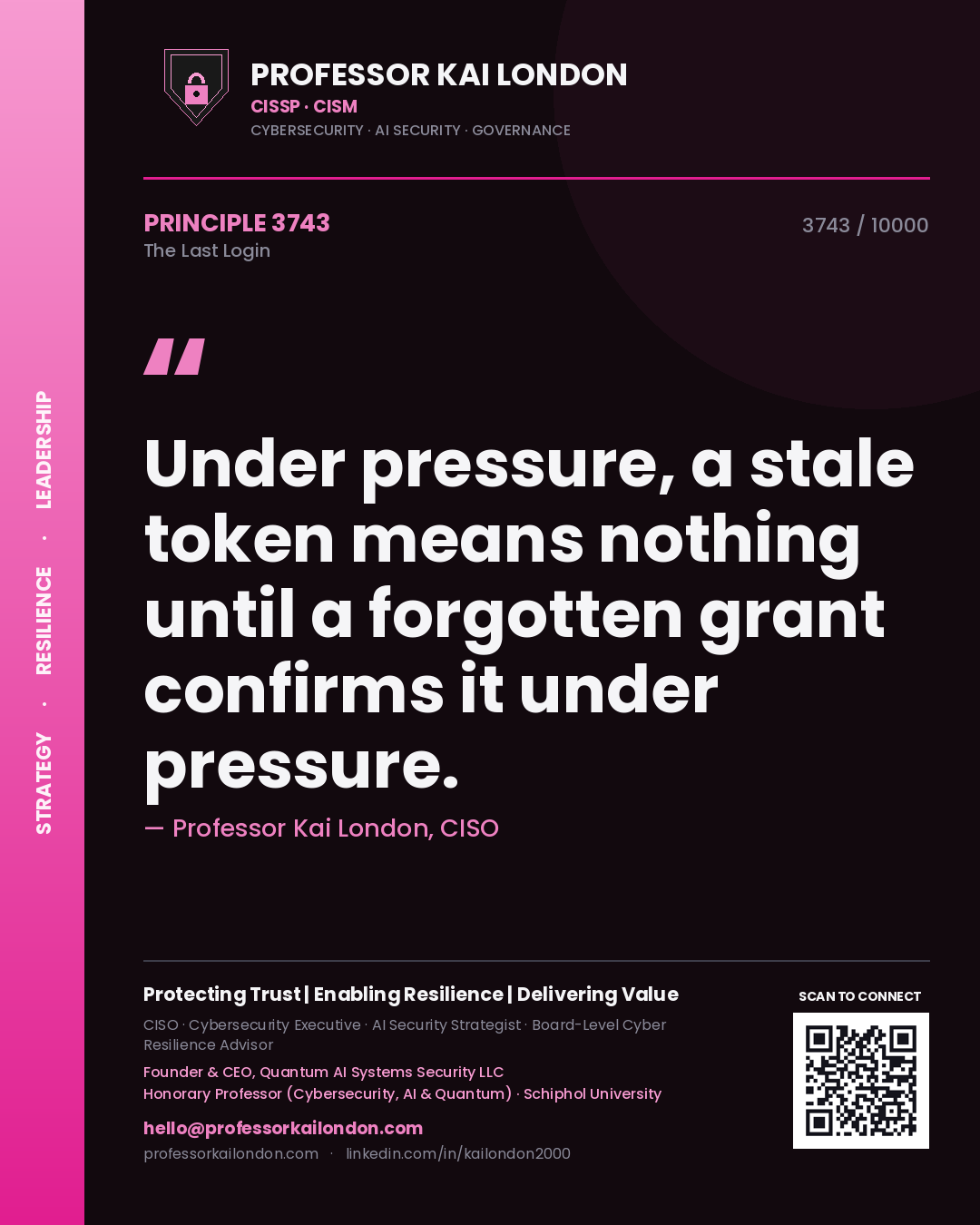 Quote card by Professor Kai London reading 'Under pressure, a stale token means nothing until a forgotten grant confirms it under pressure.'. From the book The Last Login.