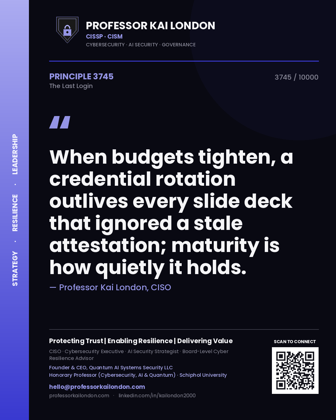 Professor Kai London principle 3745: When budgets tighten, a credential rotation outlives every slide deck that ignored a stale attestation; maturity is how quietly it holds.