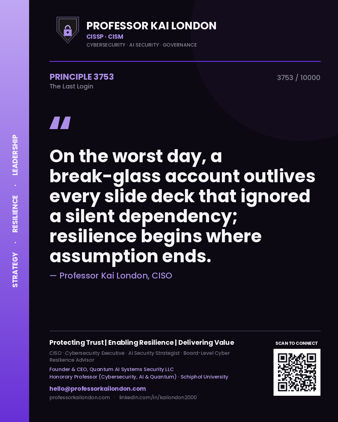 Quote card by Professor Kai London reading 'On the worst day, a break-glass account outlives every slide deck that ignored a silent dependency; resilience begins where assumption ends.'. From the book The Last Login.