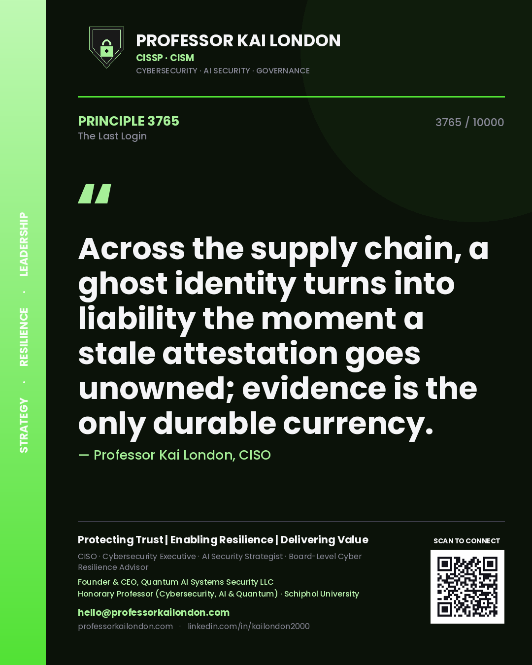 Professor Kai London principle 3765: Across the supply chain, a ghost identity turns into liability the moment a stale attestation goes unowned; evidence is the only durable currency.