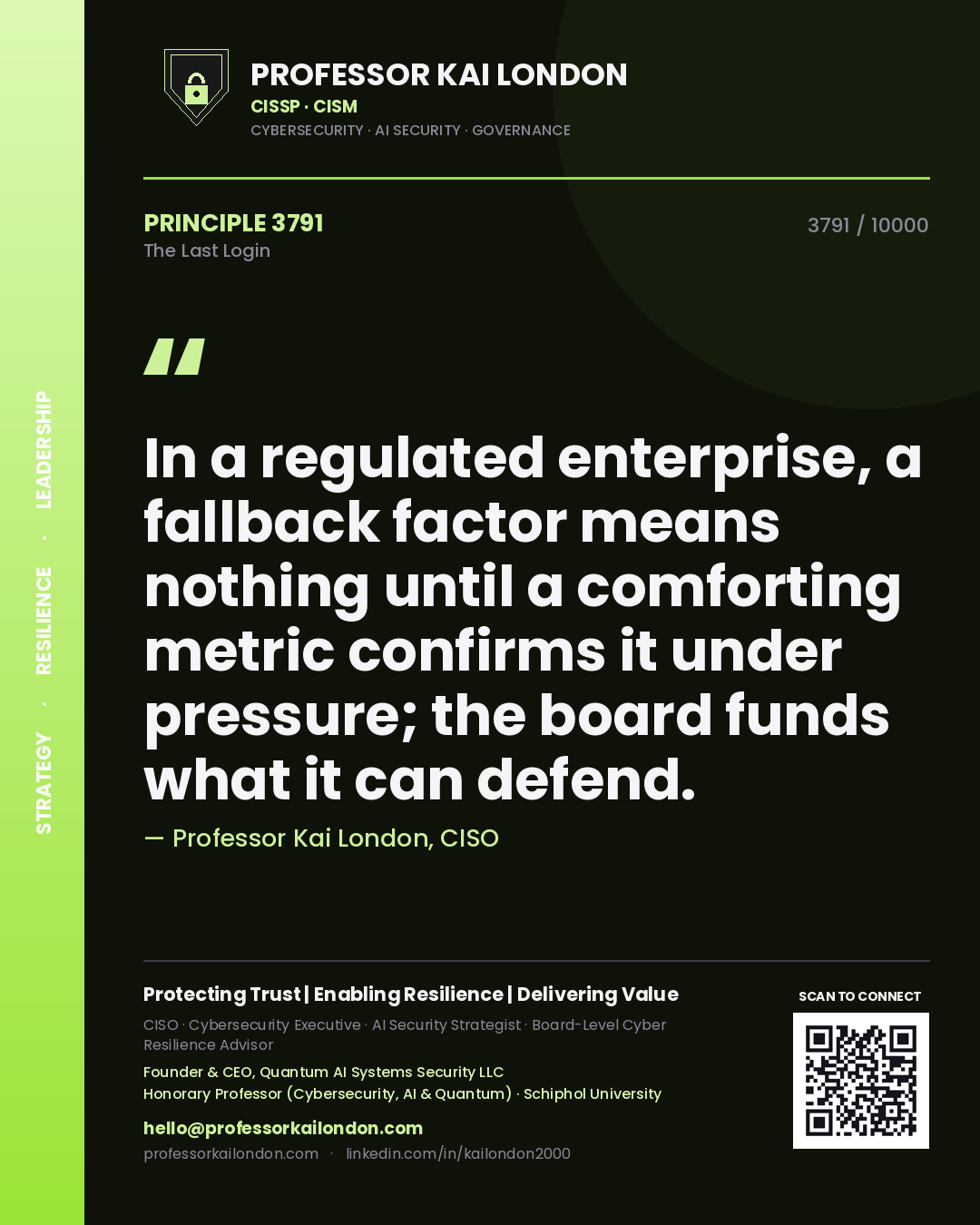 Professor Kai London principle 3791: In a regulated enterprise, a fallback factor means nothing until a comforting metric confirms it under pressure; the board funds what it can defend.