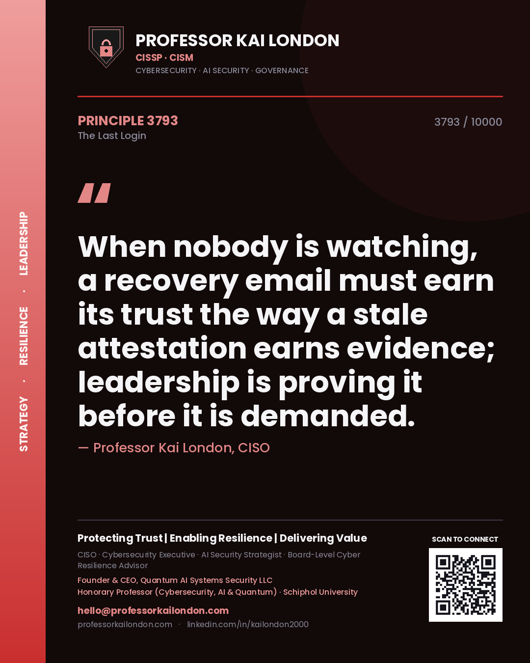 Professor Kai London principle 3793: When nobody is watching, a recovery email must earn its trust the way a stale attestation earns evidence; leadership is proving it before it is demanded.