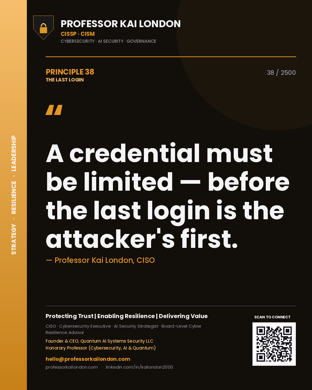Professor Kai London principle 38: A credential must be limited — before the last login is the attacker's first.