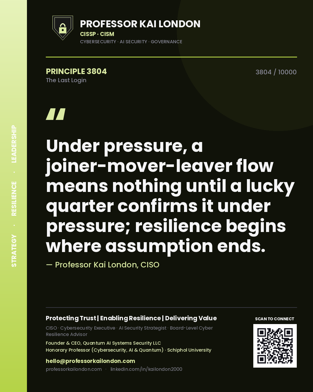 Quote card by Professor Kai London reading 'Under pressure, a joiner-mover-leaver flow means nothing until a lucky quarter confirms it under pressure; resilience begins where assumption ends.'. From the book The Last Login.