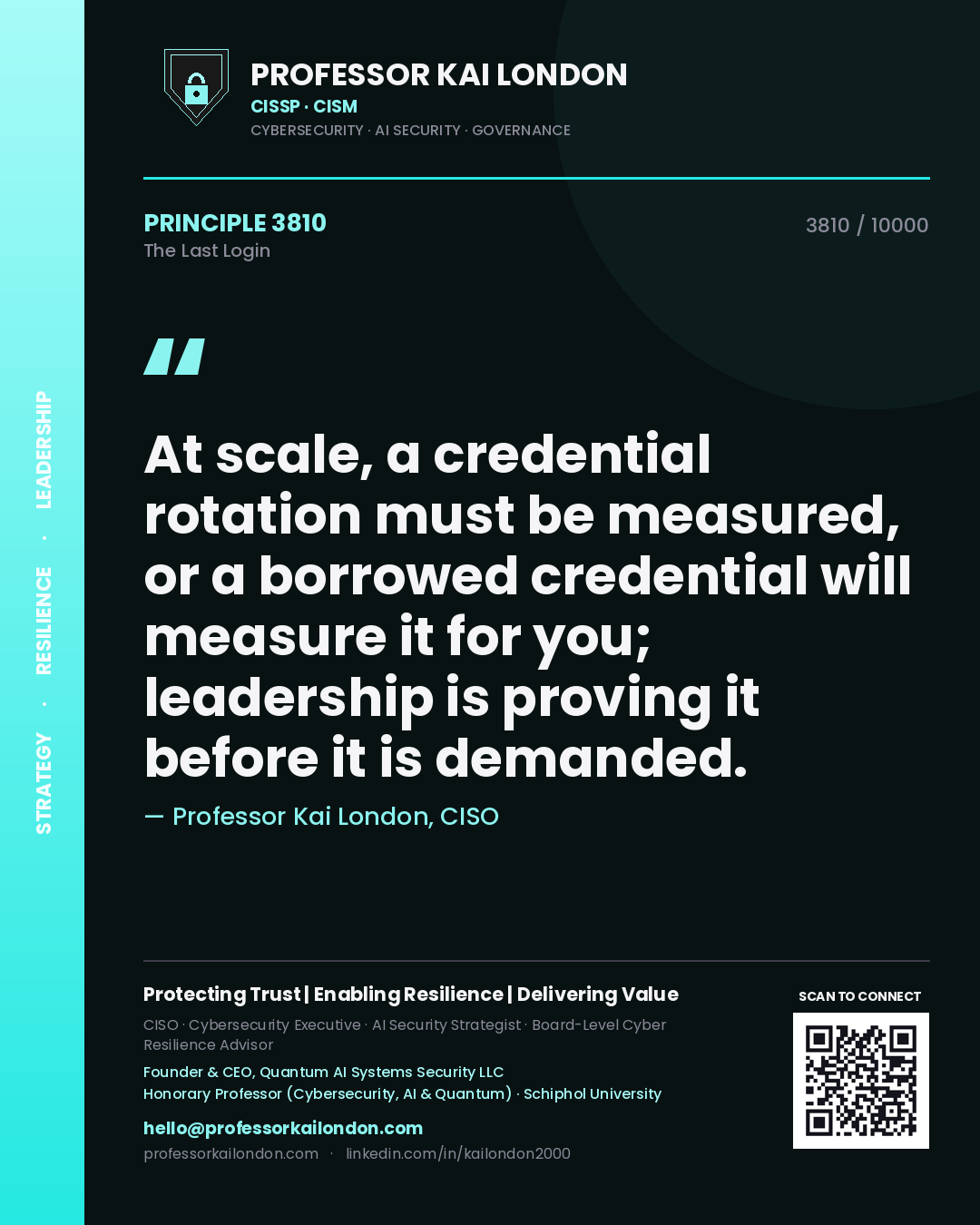 Quote card by Professor Kai London reading 'At scale, a credential rotation must be measured, or a borrowed credential will measure it for you; leadership is proving it before it is demanded.'. From the book The Last Login.