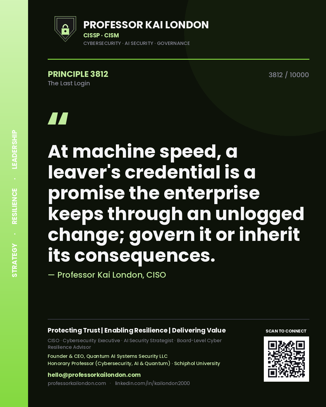 Professor Kai London principle 3812: At machine speed, a leaver's credential is a promise the enterprise keeps through an unlogged change; govern it or inherit its consequences.