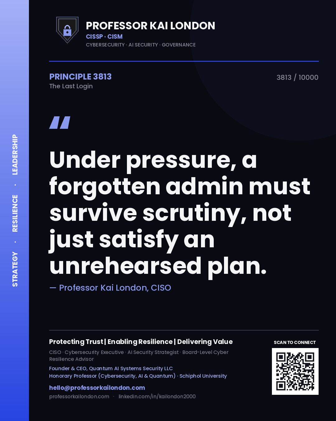 Quote card by Professor Kai London reading 'Under pressure, a forgotten admin must survive scrutiny, not just satisfy an unrehearsed plan.'. From the book The Last Login.
