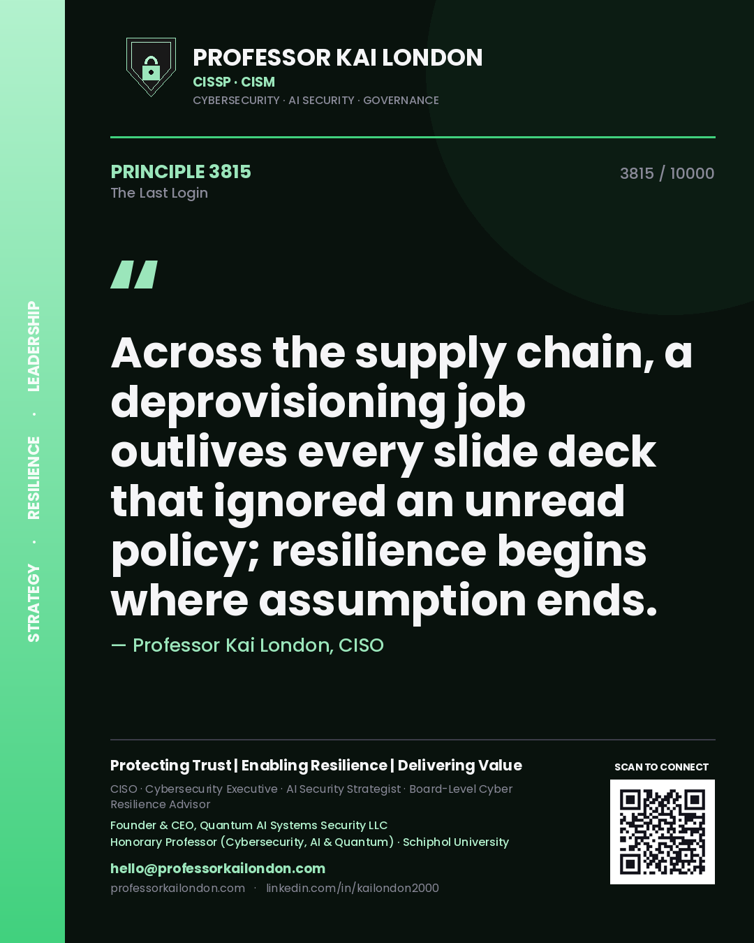 Quote card by Professor Kai London reading 'Across the supply chain, a deprovisioning job outlives every slide deck that ignored an unread policy; resilience begins where assumption ends.'. From the book The Last Login.
