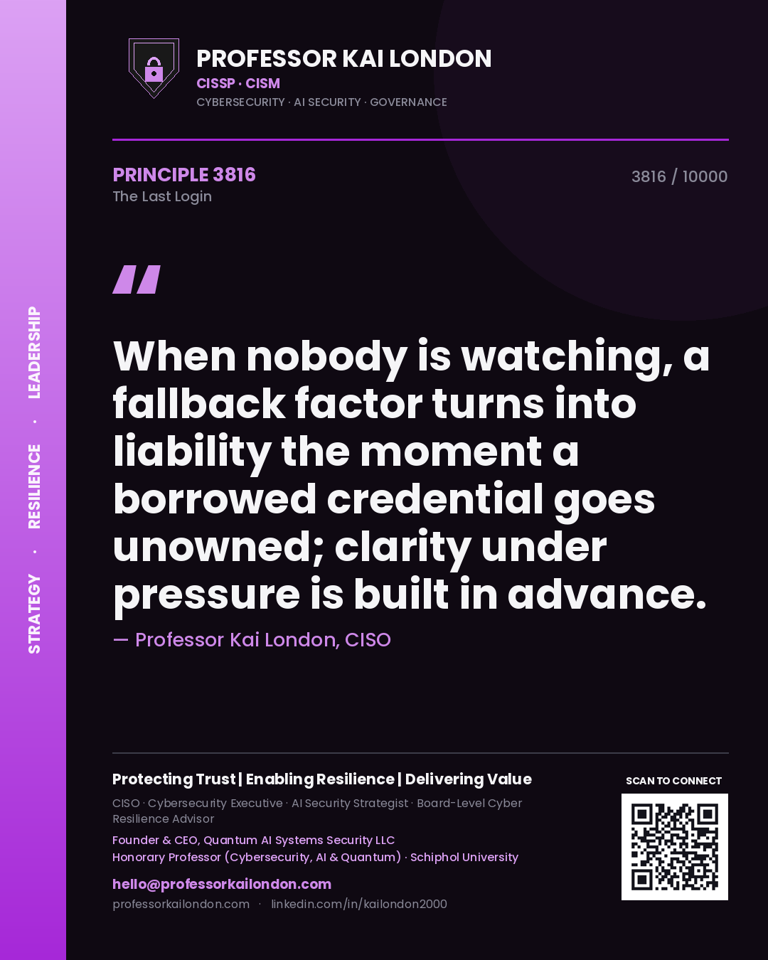 Quote card by Professor Kai London reading 'When nobody is watching, a fallback factor turns into liability the moment a borrowed credential goes unowned; clarity under pressure is built in advance.'. From the book The Last Login.