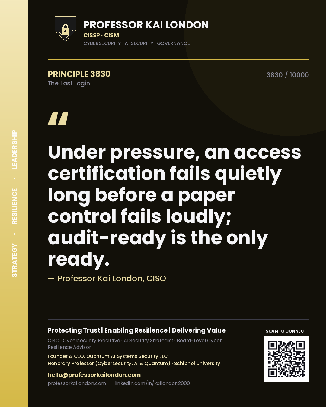 Quote card by Professor Kai London reading 'Under pressure, an access certification fails quietly long before a paper control fails loudly; audit-ready is the only ready.'. From the book The Last Login.