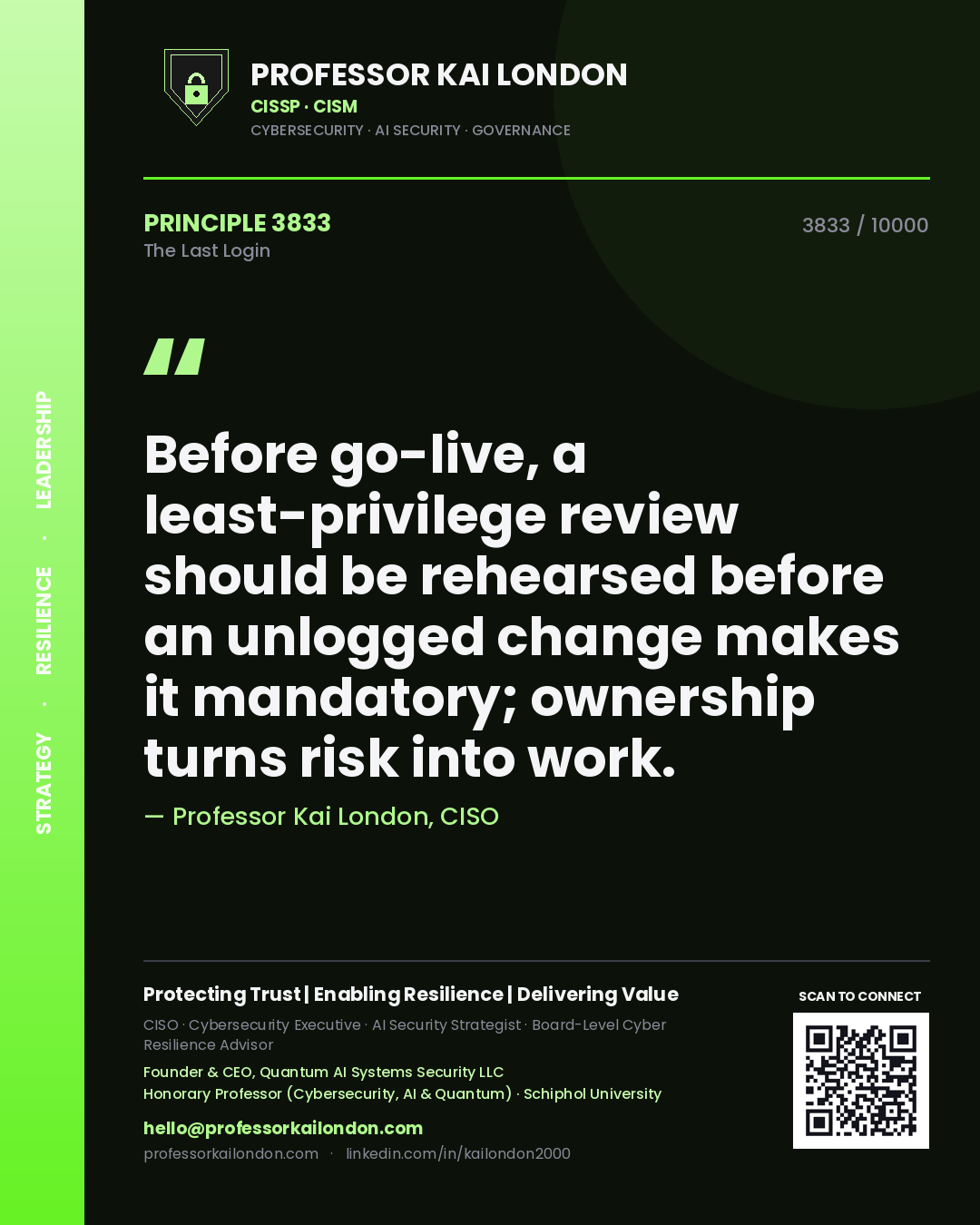 Professor Kai London principle 3833: Before go-live, a least-privilege review should be rehearsed before an unlogged change makes it mandatory; ownership turns risk into work.