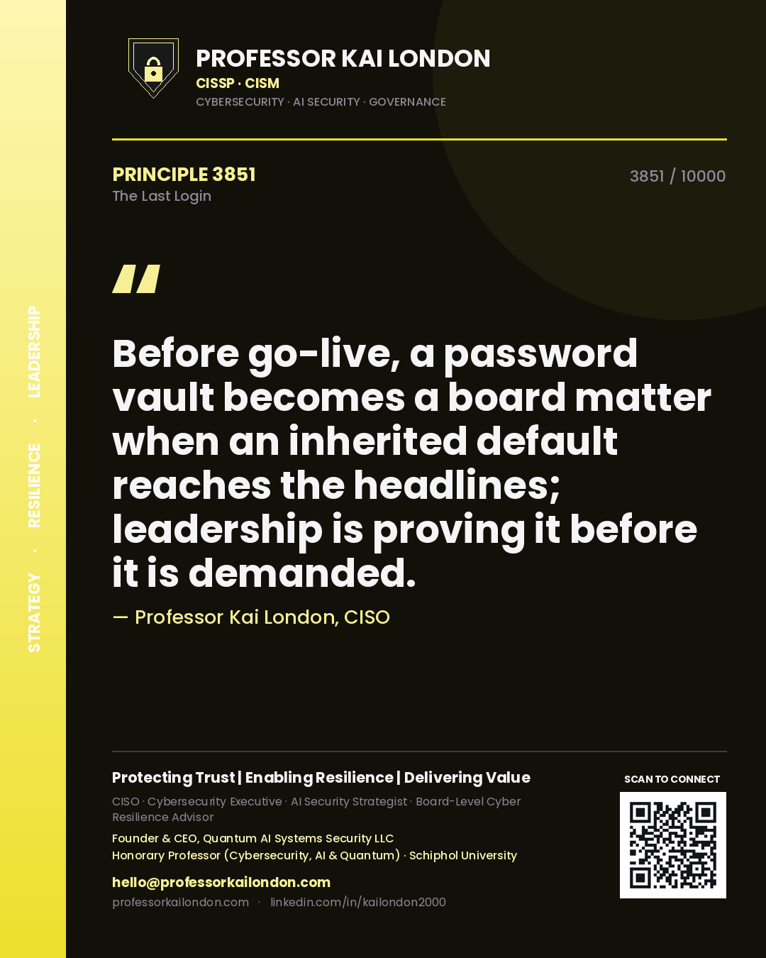 Quote card by Professor Kai London reading 'Before go-live, a password vault becomes a board matter when an inherited default reaches the headlines; leadership is proving it before it is demanded.'. From the book The Last Login.