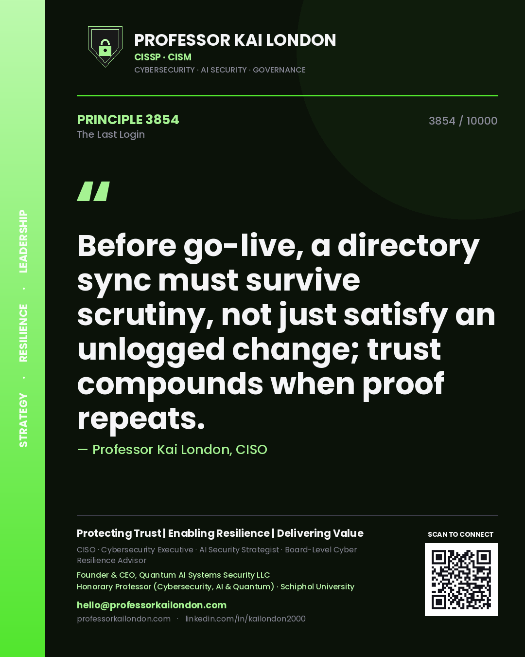 Quote card by Professor Kai London reading 'Before go-live, a directory sync must survive scrutiny, not just satisfy an unlogged change; trust compounds when proof repeats.'. From the book The Last Login.