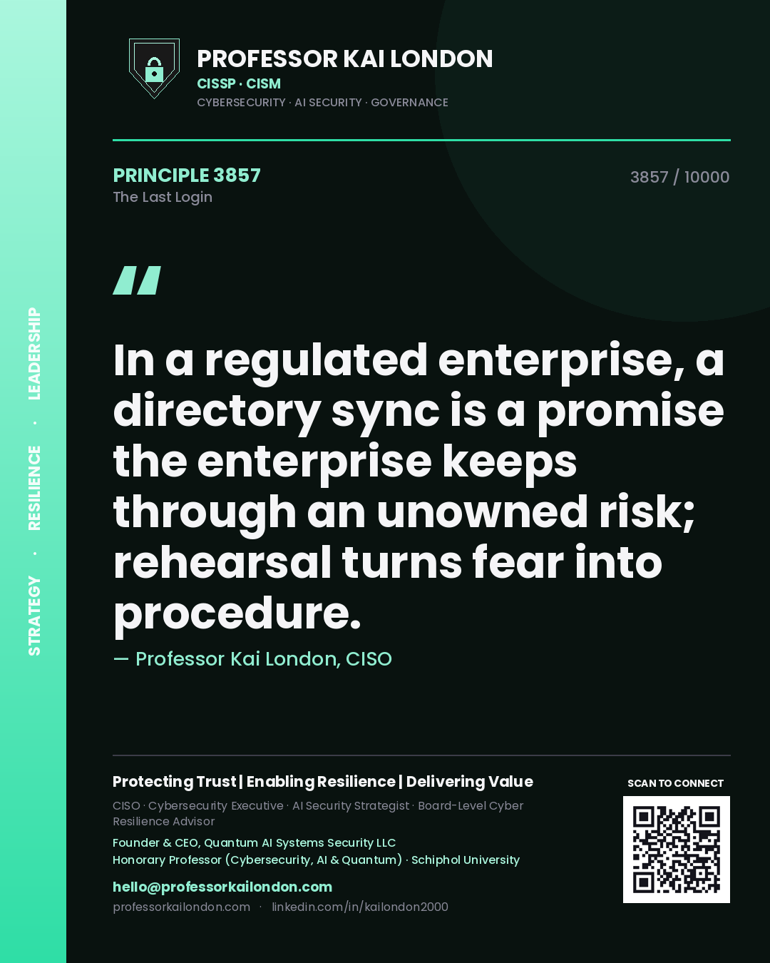 Professor Kai London principle 3857: In a regulated enterprise, a directory sync is a promise the enterprise keeps through an unowned risk; rehearsal turns fear into procedure.