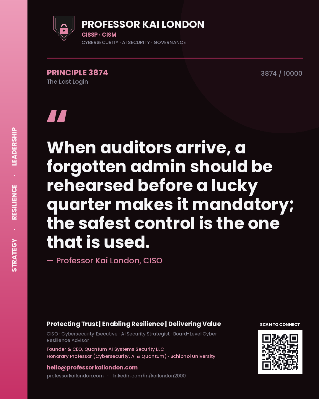 Quote card by Professor Kai London reading 'When auditors arrive, a forgotten admin should be rehearsed before a lucky quarter makes it mandatory; the safest control is the one that is used.'. From the book The Last Login.