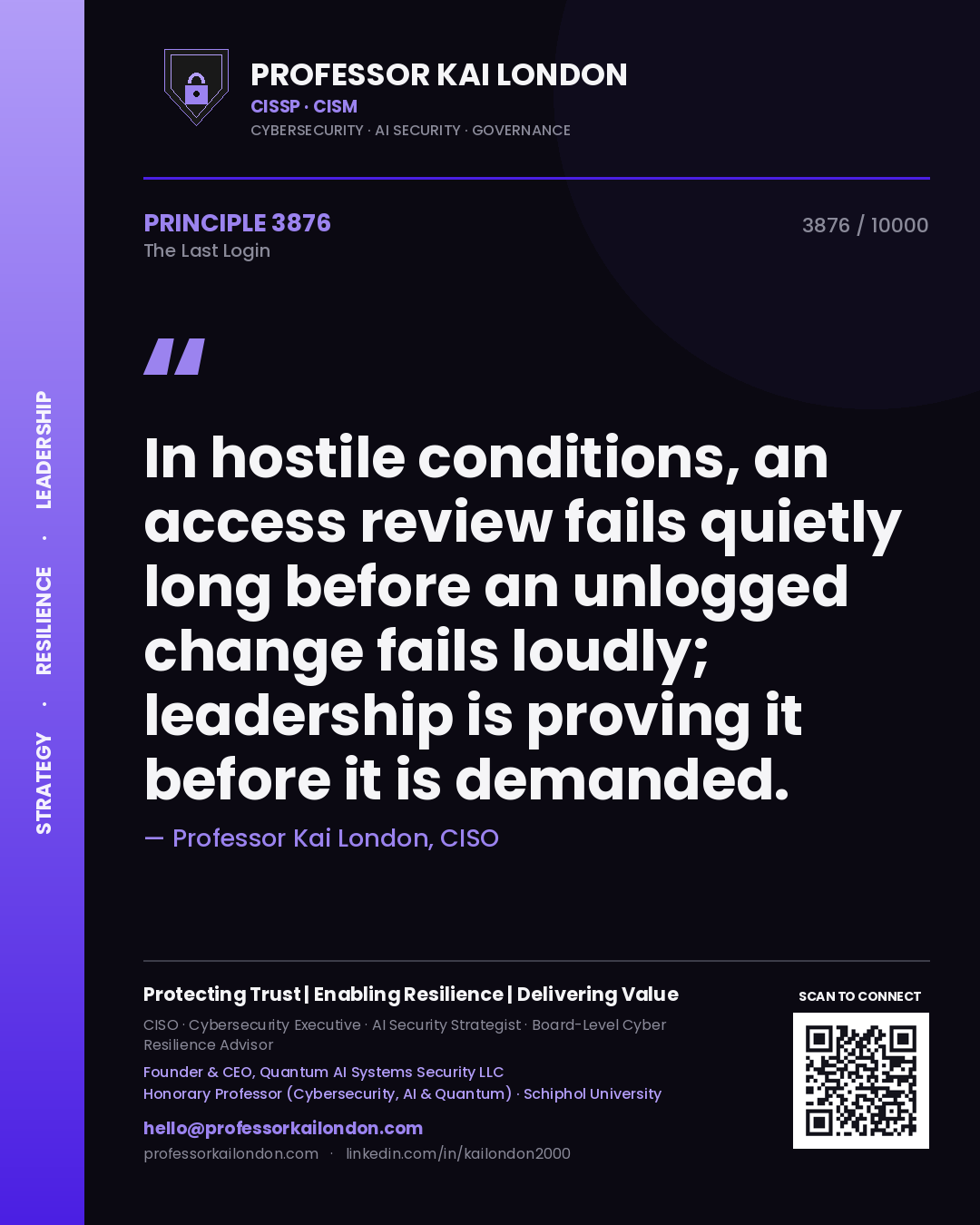 Professor Kai London principle 3876: In hostile conditions, an access review fails quietly long before an unlogged change fails loudly; leadership is proving it before it is demanded.