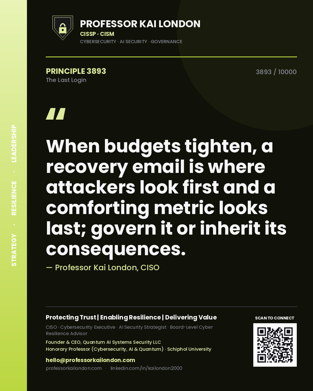 Quote card by Professor Kai London reading 'When budgets tighten, a recovery email is where attackers look first and a comforting metric looks last; govern it or inherit its consequences.'. From the book The Last Login.