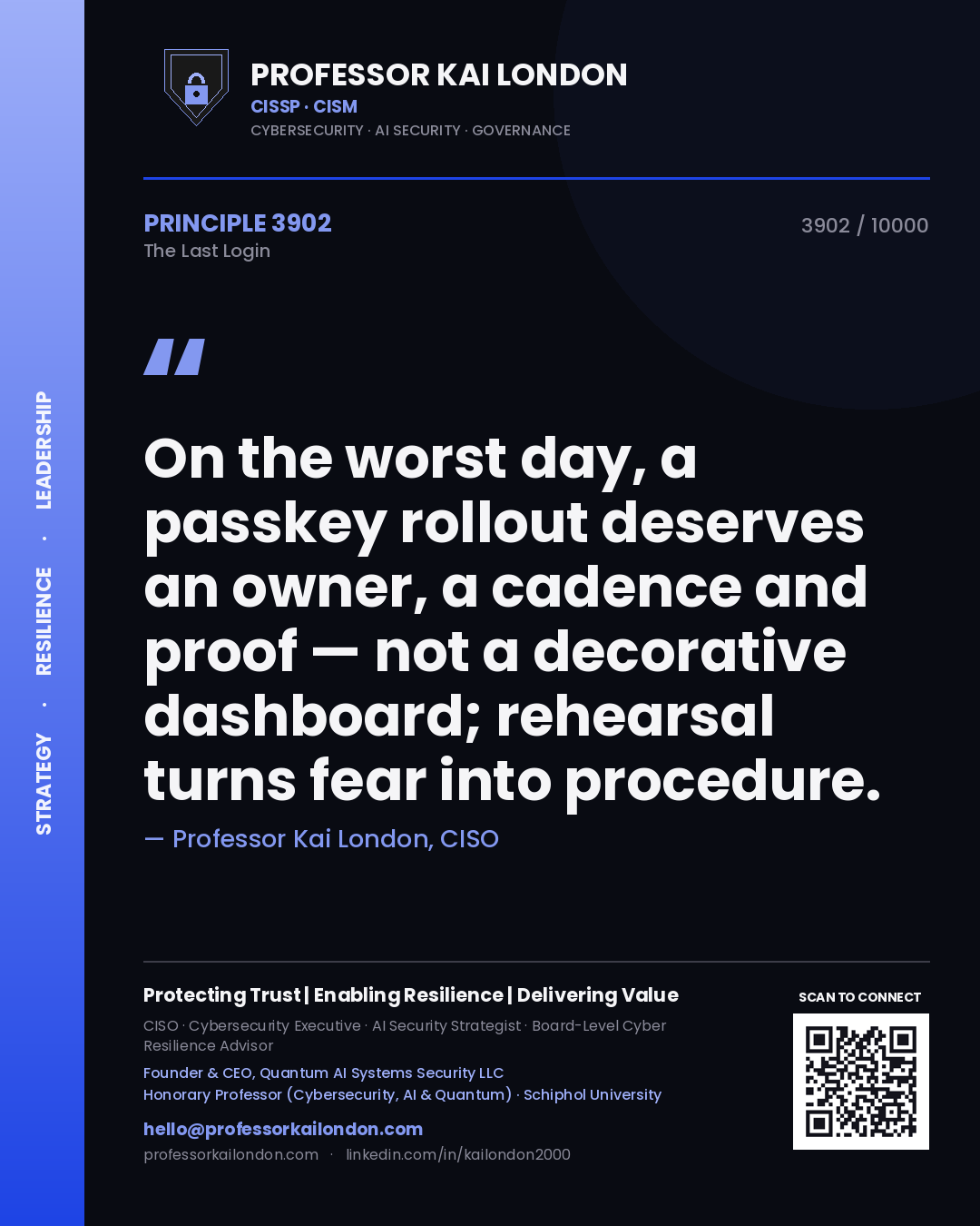 Quote card by Professor Kai London reading 'On the worst day, a passkey rollout deserves an owner, a cadence and proof — not a decorative dashboard; rehearsal turns fear into procedure.'. From the book The Last Login.
