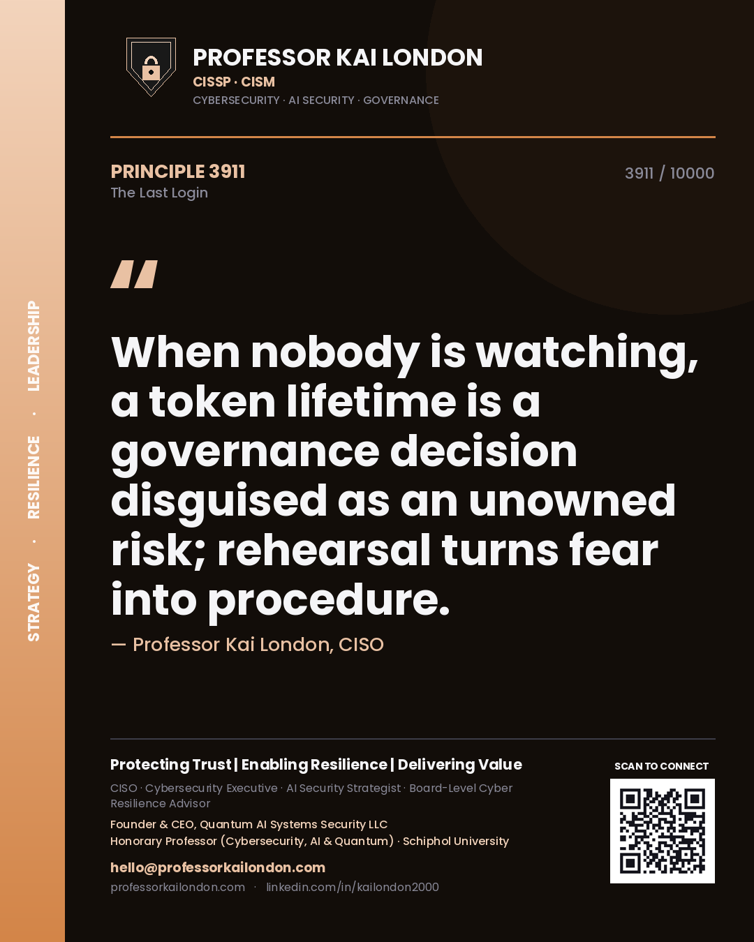 Quote card by Professor Kai London reading 'When nobody is watching, a token lifetime is a governance decision disguised as an unowned risk; rehearsal turns fear into procedure.'. From the book The Last Login.