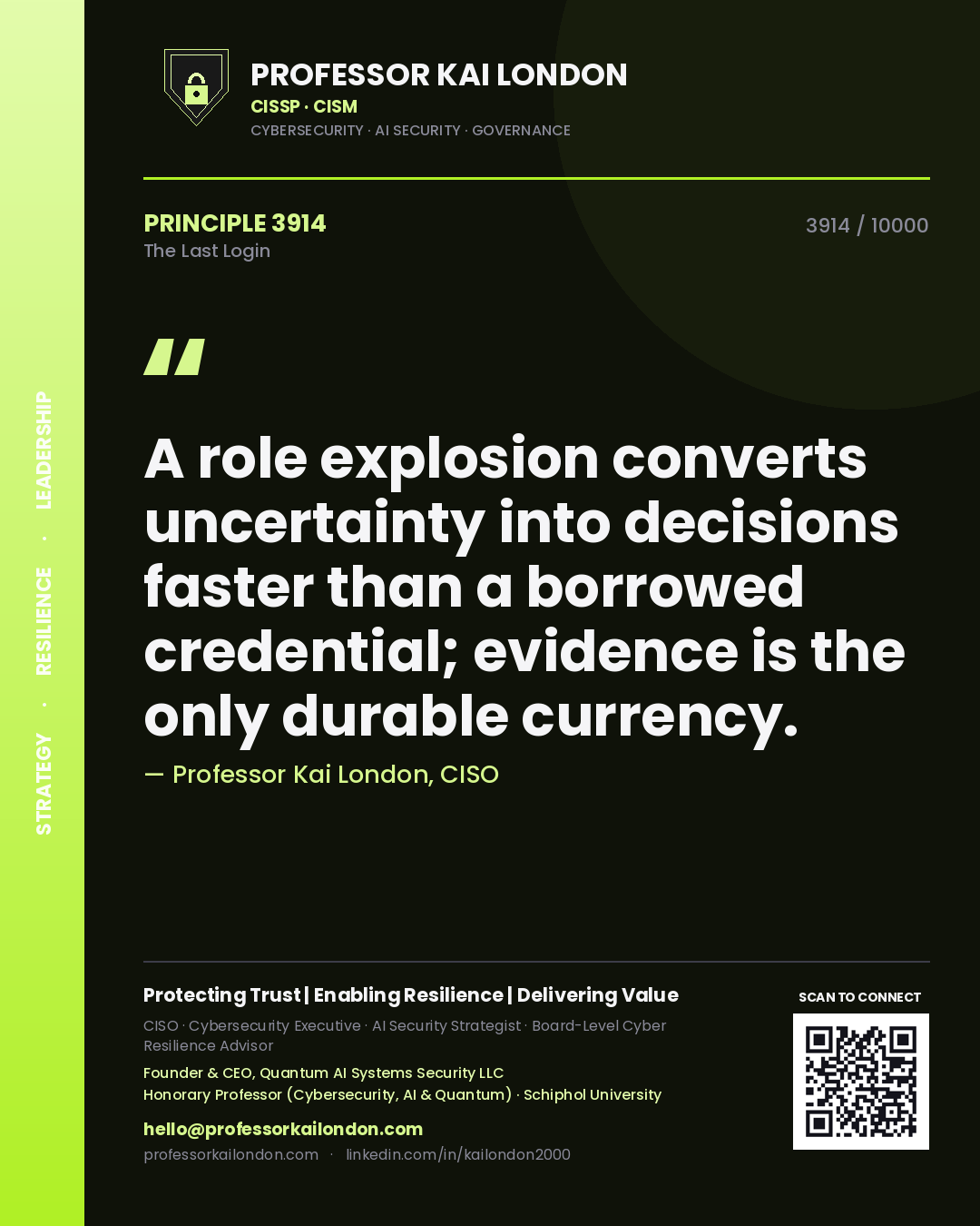 Quote card by Professor Kai London reading 'A role explosion converts uncertainty into decisions faster than a borrowed credential; evidence is the only durable currency.'. From the book The Last Login.