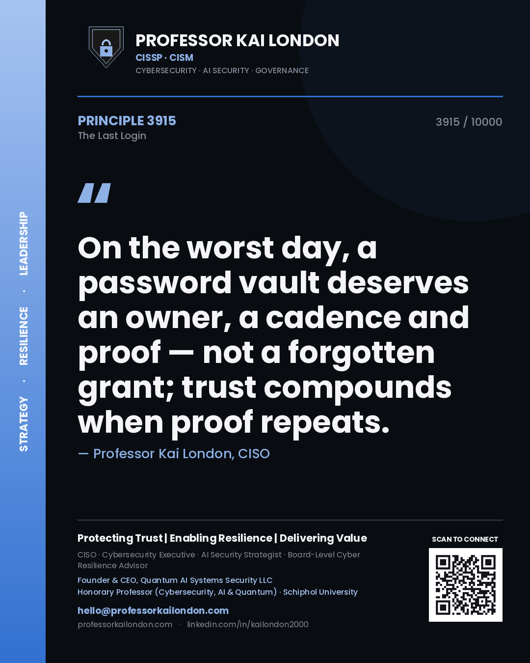 Quote card by Professor Kai London reading 'On the worst day, a password vault deserves an owner, a cadence and proof — not a forgotten grant; trust compounds when proof repeats.'. From the book The Last Login.