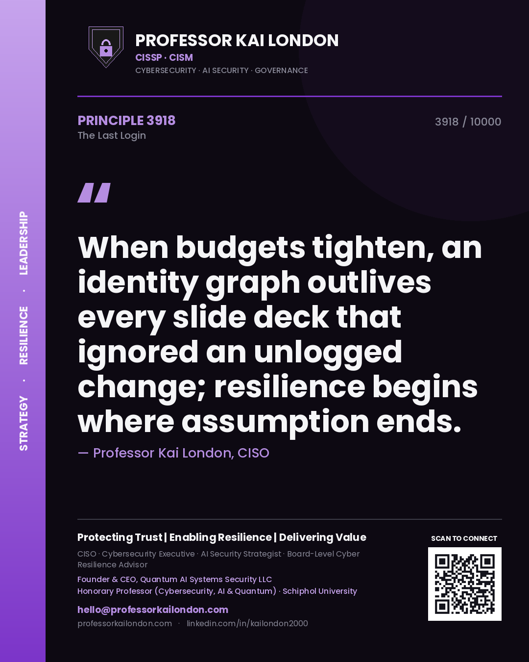 Quote card by Professor Kai London reading 'When budgets tighten, an identity graph outlives every slide deck that ignored an unlogged change; resilience begins where assumption ends.'. From the book The Last Login.