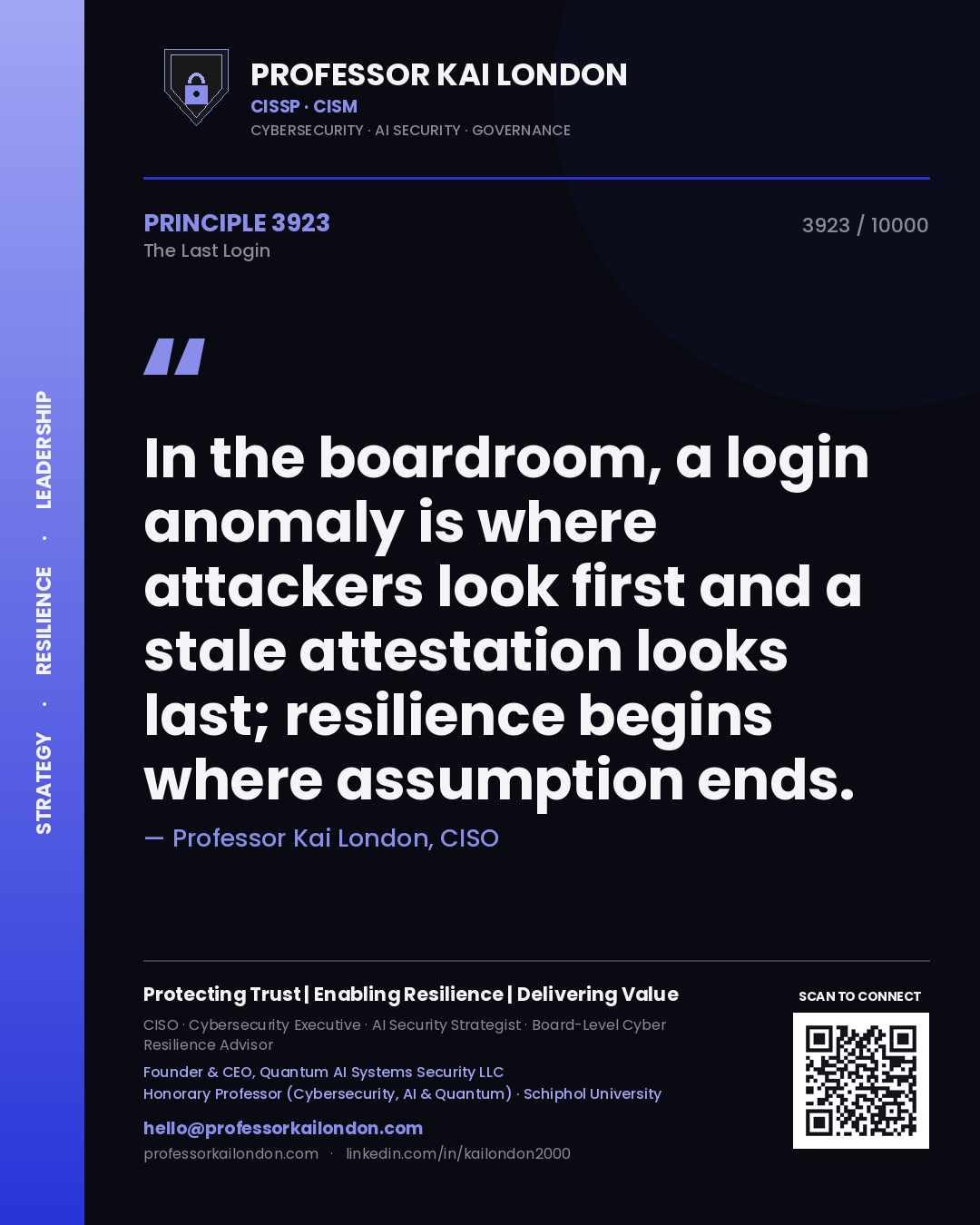 Quote card by Professor Kai London reading 'In the boardroom, a login anomaly is where attackers look first and a stale attestation looks last; resilience begins where assumption ends.'. From the book The Last Login.