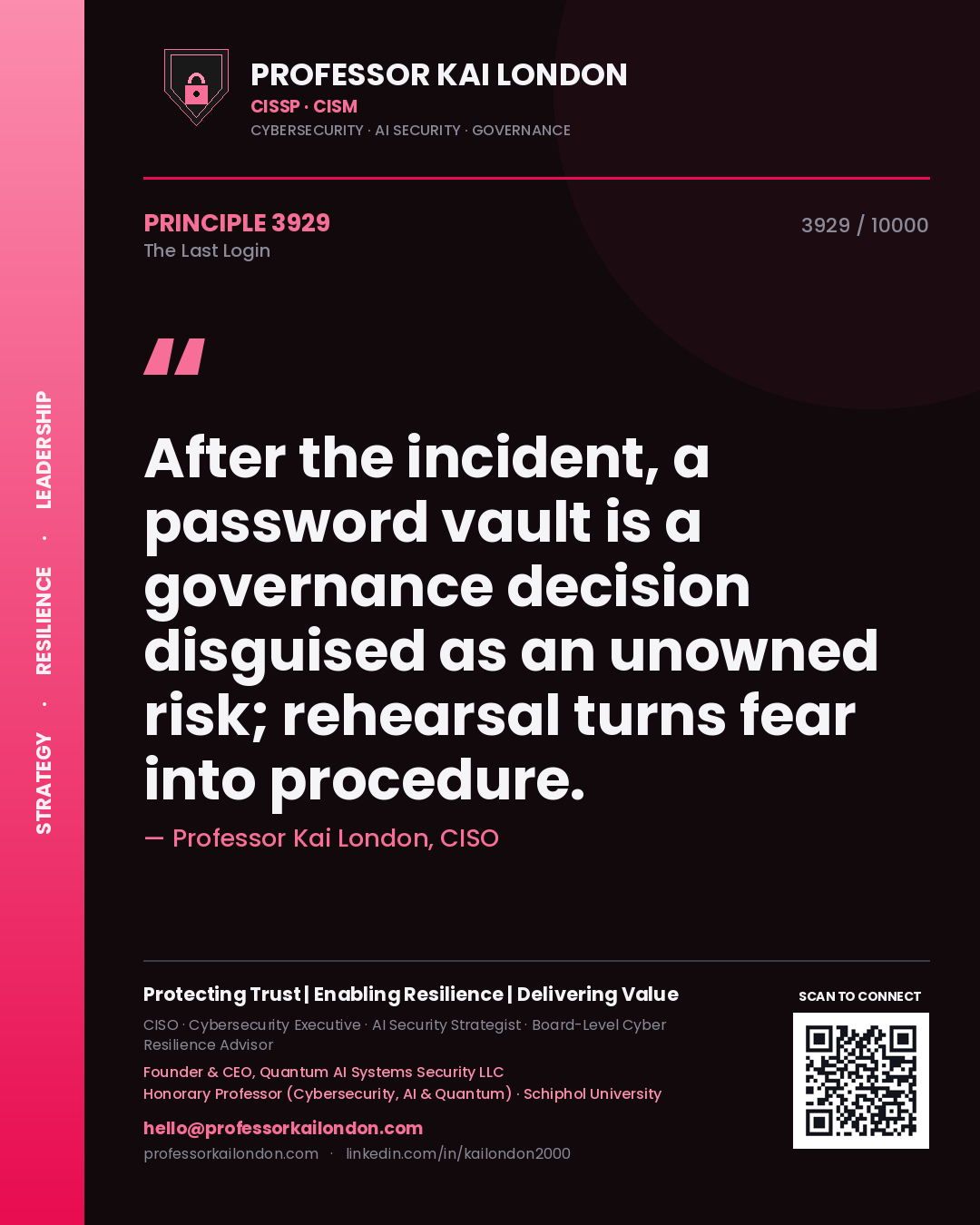 Quote card by Professor Kai London reading 'After the incident, a password vault is a governance decision disguised as an unowned risk; rehearsal turns fear into procedure.'. From the book The Last Login.