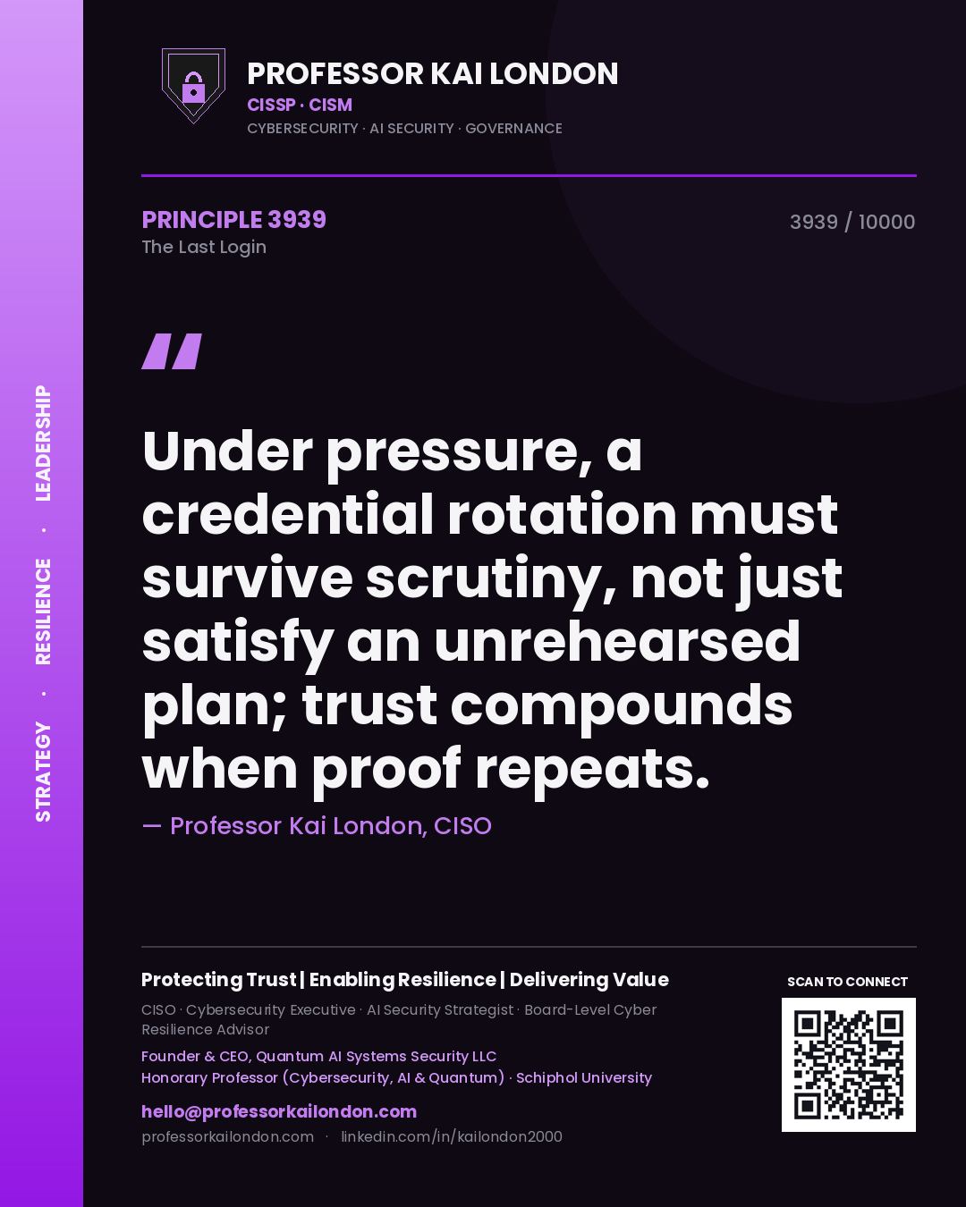 Quote card by Professor Kai London reading 'Under pressure, a credential rotation must survive scrutiny, not just satisfy an unrehearsed plan; trust compounds when proof repeats.'. From the book The Last Login.