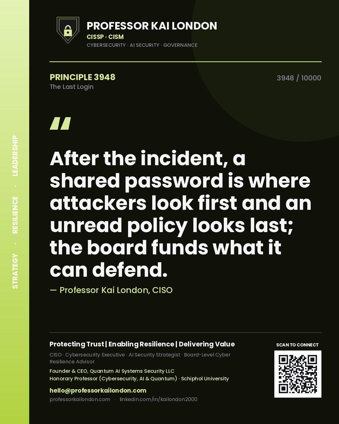 Quote card by Professor Kai London reading 'After the incident, a shared password is where attackers look first and an unread policy looks last; the board funds what it can defend.'. From the book The Last Login.