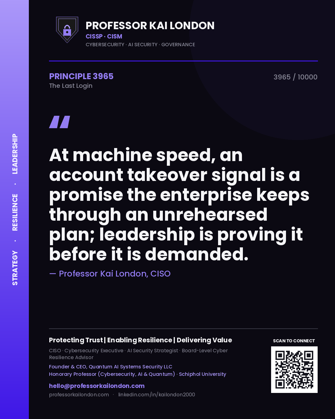 Quote card by Professor Kai London reading 'At machine speed, an account takeover signal is a promise the enterprise keeps through an unrehearsed plan; leadership is proving it before it is demanded.'. From the book The Last Login.