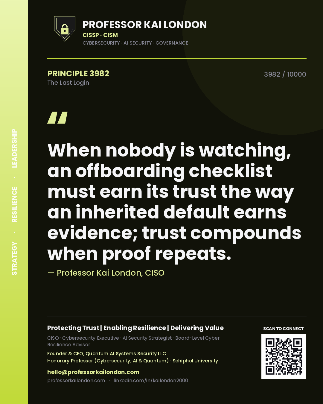 Quote card by Professor Kai London reading 'When nobody is watching, an offboarding checklist must earn its trust the way an inherited default earns evidence; trust compounds when proof repeats.'. From the book The Last Login.
