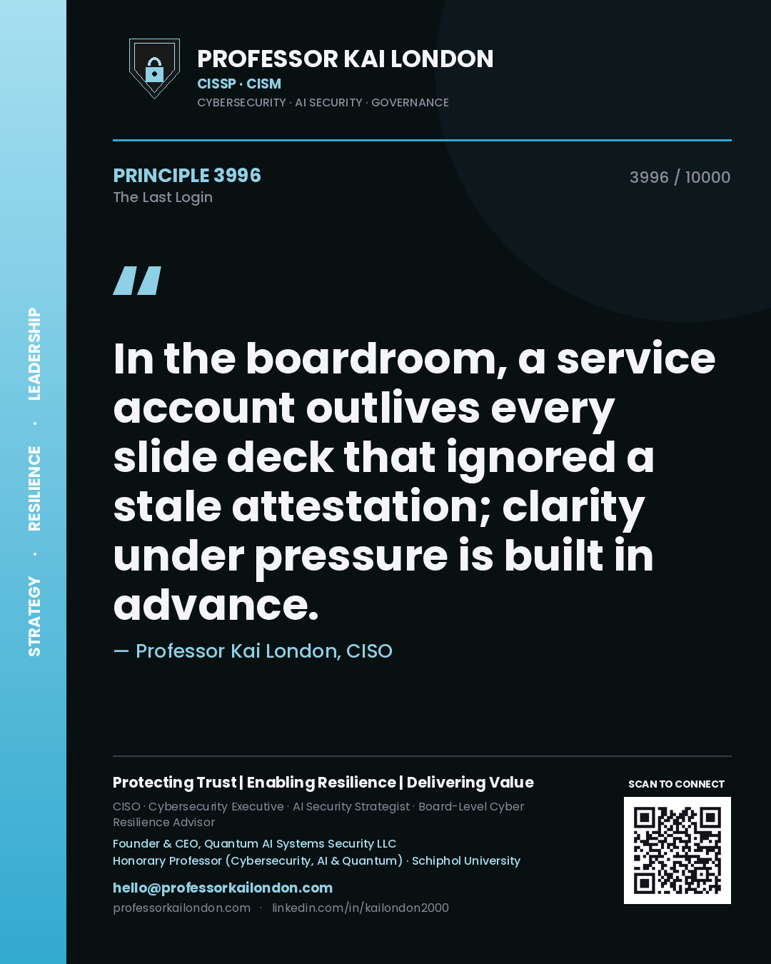 Quote card by Professor Kai London reading 'In the boardroom, a service account outlives every slide deck that ignored a stale attestation; clarity under pressure is built in advance.'. From the book The Last Login.