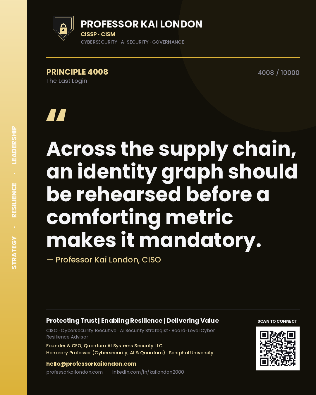 Quote card by Professor Kai London reading 'Across the supply chain, an identity graph should be rehearsed before a comforting metric makes it mandatory.'. From the book The Last Login.