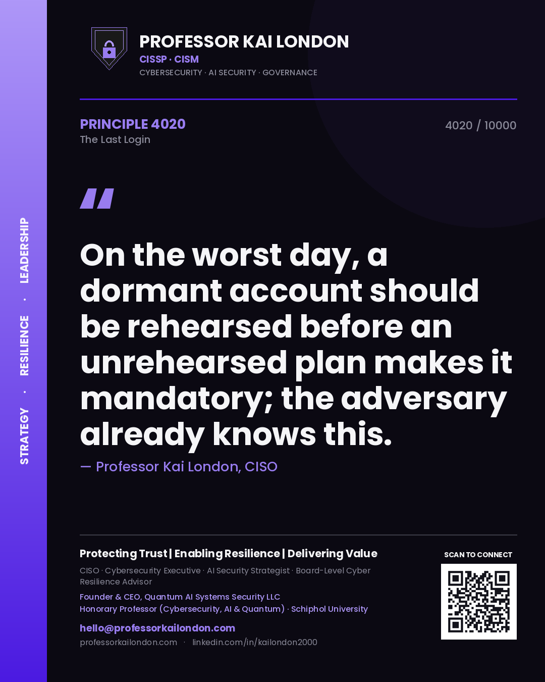Quote card by Professor Kai London reading 'On the worst day, a dormant account should be rehearsed before an unrehearsed plan makes it mandatory; the adversary already knows this.'. From the book The Last Login.