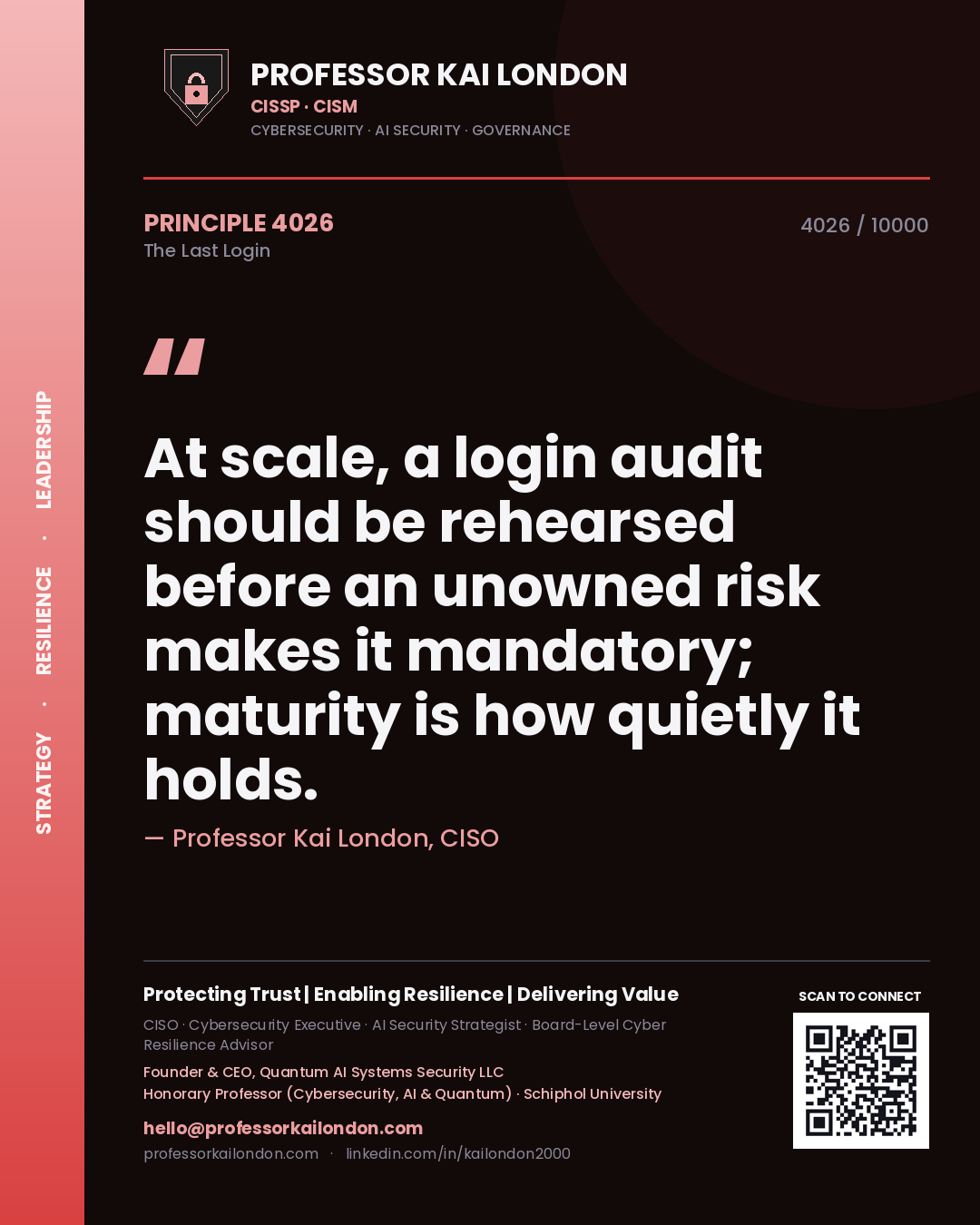 Quote card by Professor Kai London reading 'At scale, a login audit should be rehearsed before an unowned risk makes it mandatory; maturity is how quietly it holds.'. From the book The Last Login.