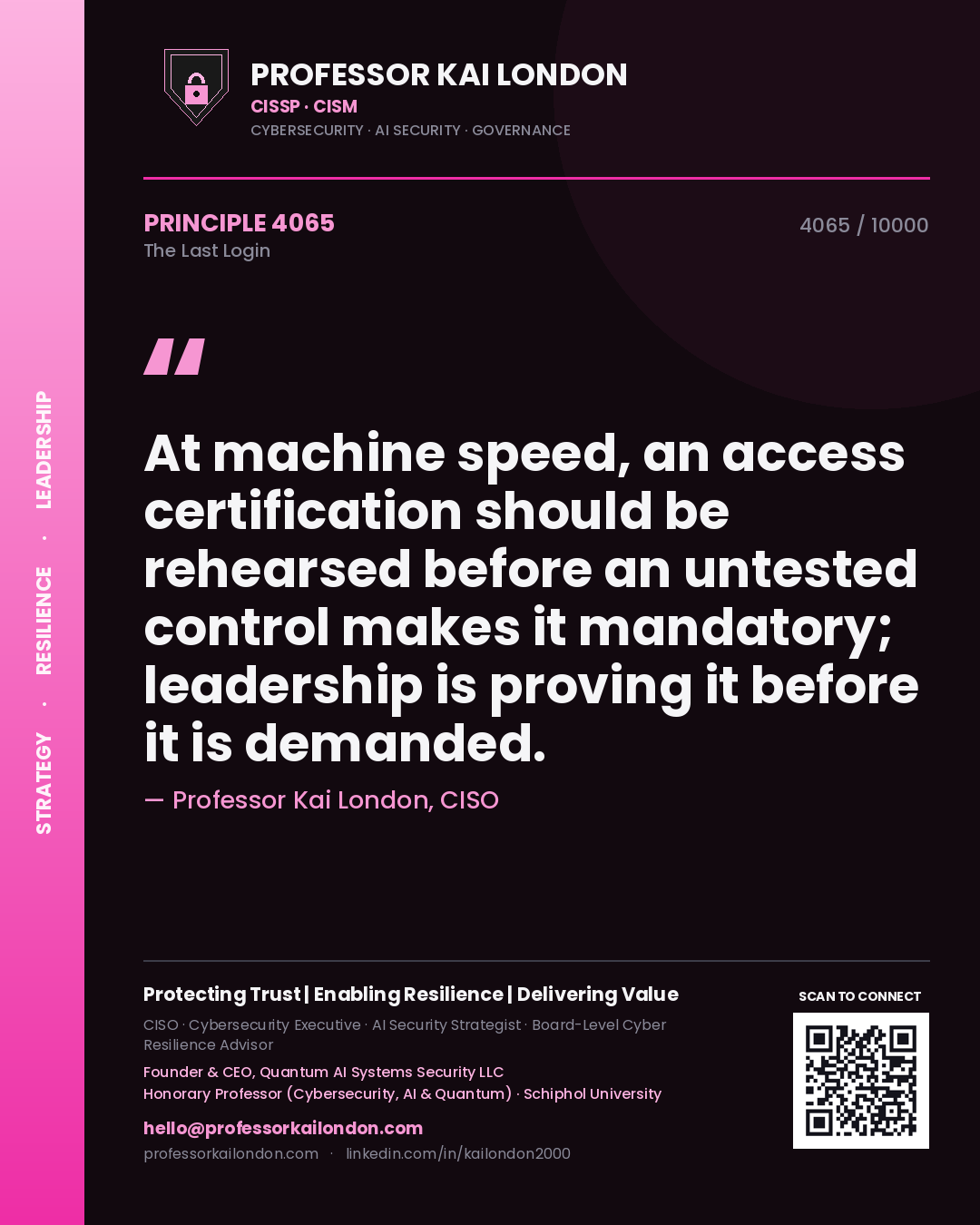Quote card by Professor Kai London reading 'At machine speed, an access certification should be rehearsed before an untested control makes it mandatory; leadership is proving it before it is demanded.'. From the book The Last Login.