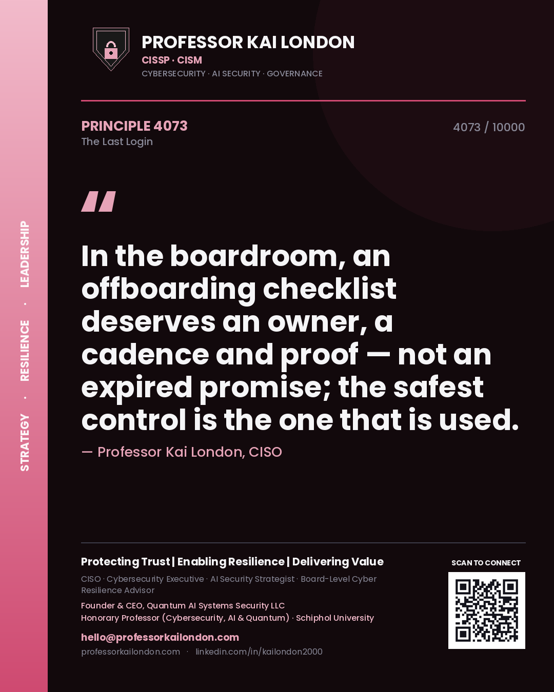 Quote card by Professor Kai London reading 'In the boardroom, an offboarding checklist deserves an owner, a cadence and proof — not an expired promise; the safest control is the one that is used.'. From the book The Last Login.