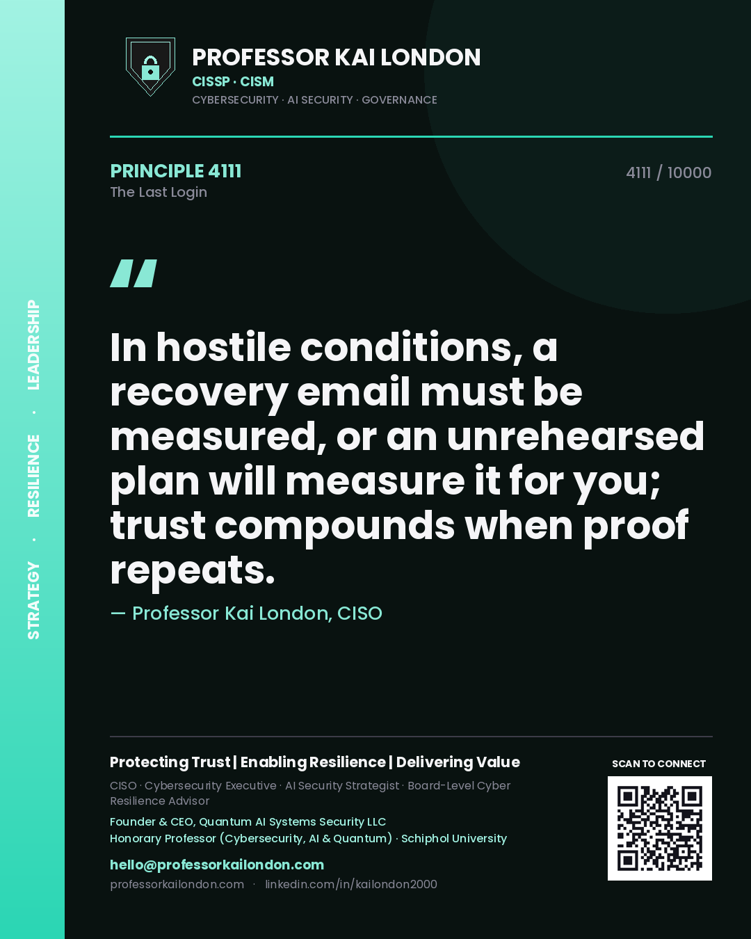 Quote card by Professor Kai London reading 'In hostile conditions, a recovery email must be measured, or an unrehearsed plan will measure it for you; trust compounds when proof repeats.'. From the book The Last Login.