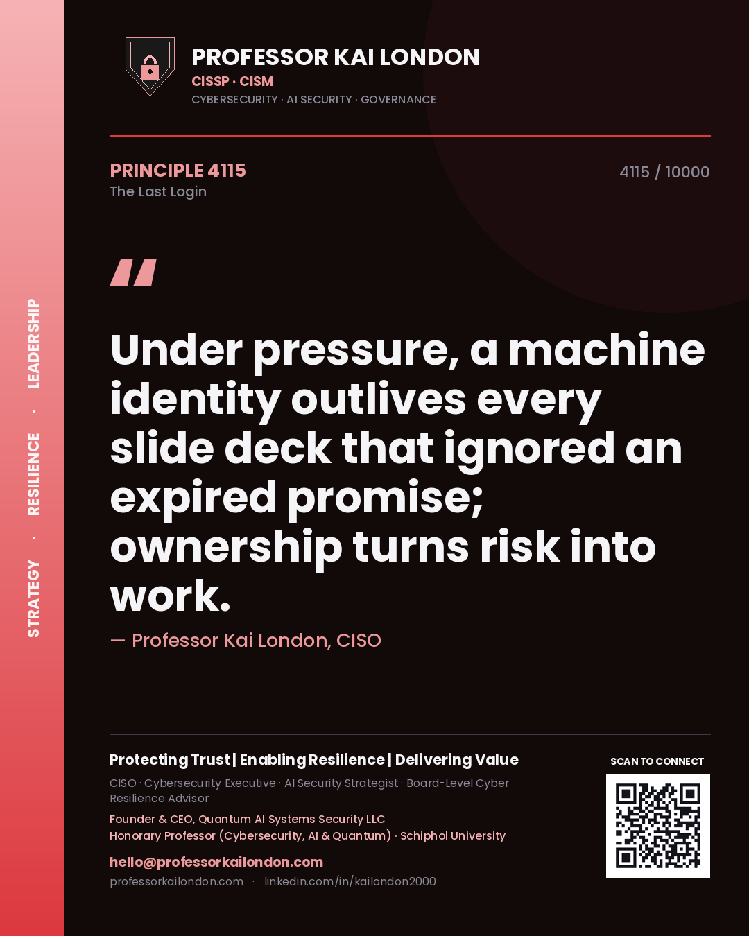 Quote card by Professor Kai London reading 'Under pressure, a machine identity outlives every slide deck that ignored an expired promise; ownership turns risk into work.'. From the book The Last Login.