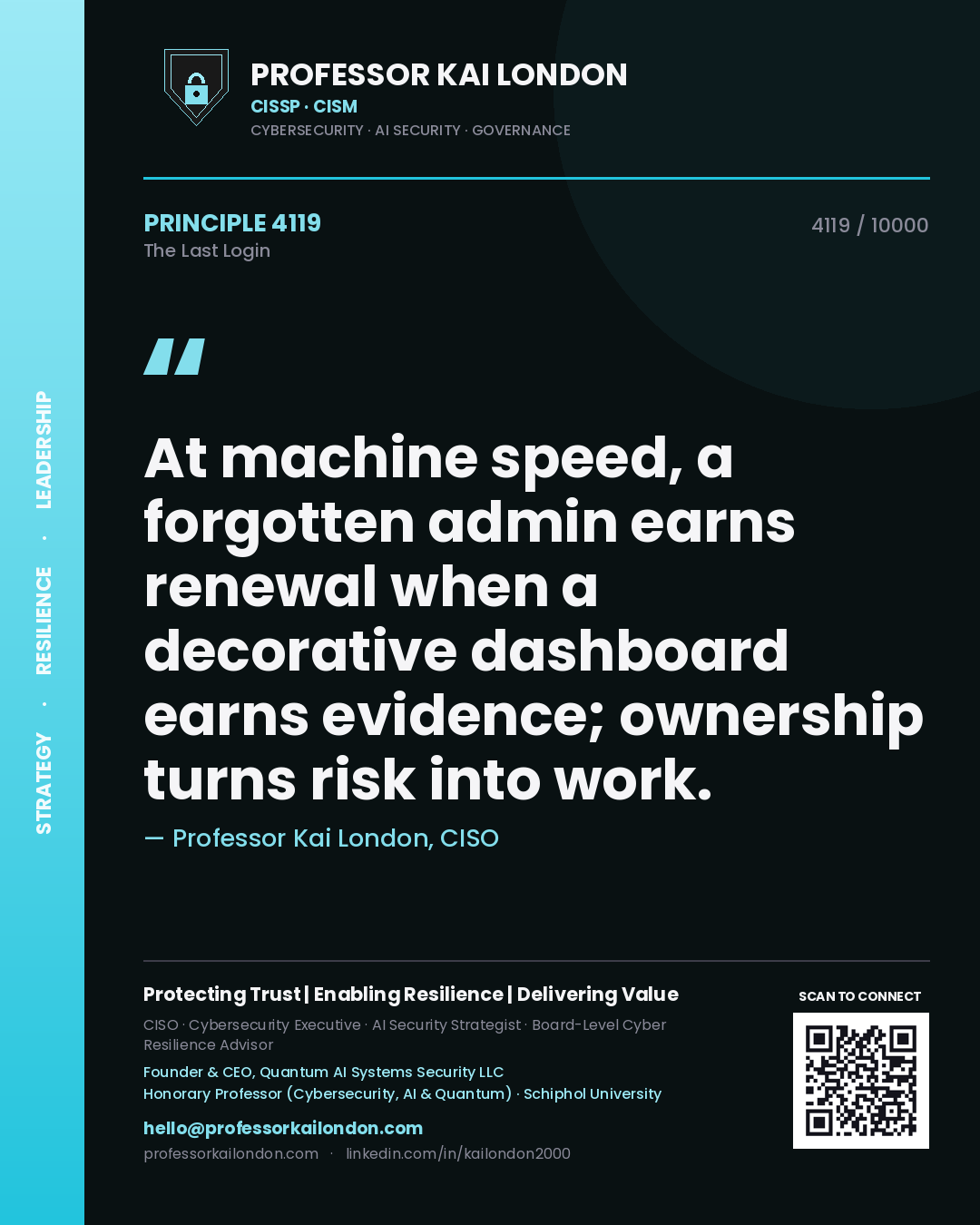 Professor Kai London principle 4119: At machine speed, a forgotten admin earns renewal when a decorative dashboard earns evidence; ownership turns risk into work.