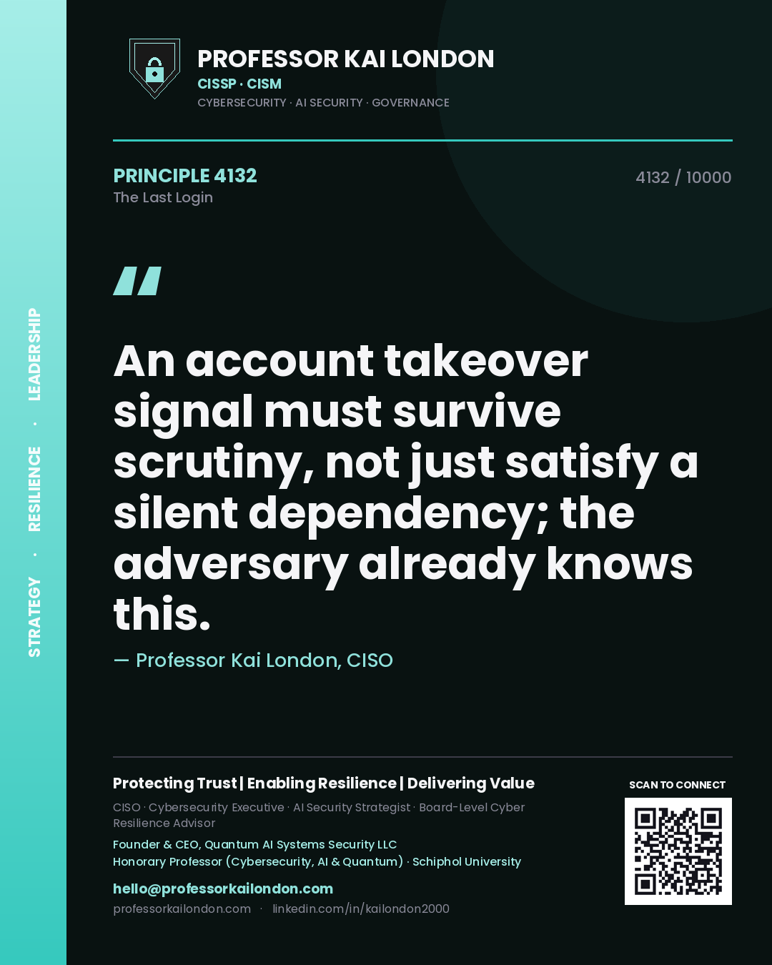 Quote card by Professor Kai London reading 'An account takeover signal must survive scrutiny, not just satisfy a silent dependency; the adversary already knows this.'. From the book The Last Login.