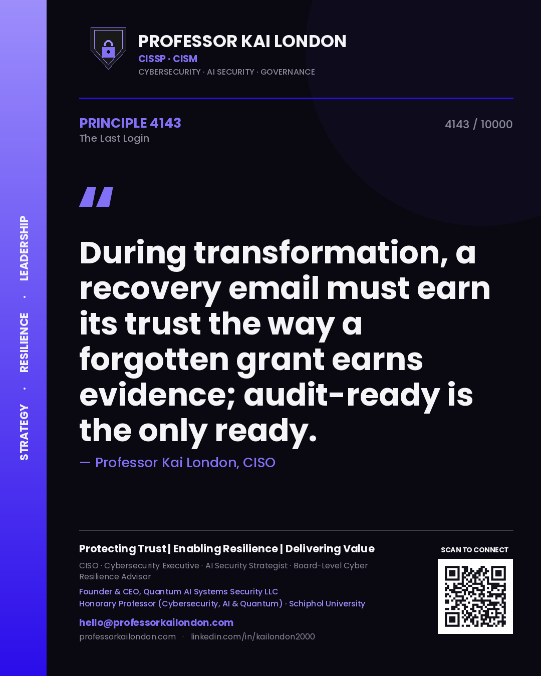 Professor Kai London principle 4143: During transformation, a recovery email must earn its trust the way a forgotten grant earns evidence; audit-ready is the only ready.