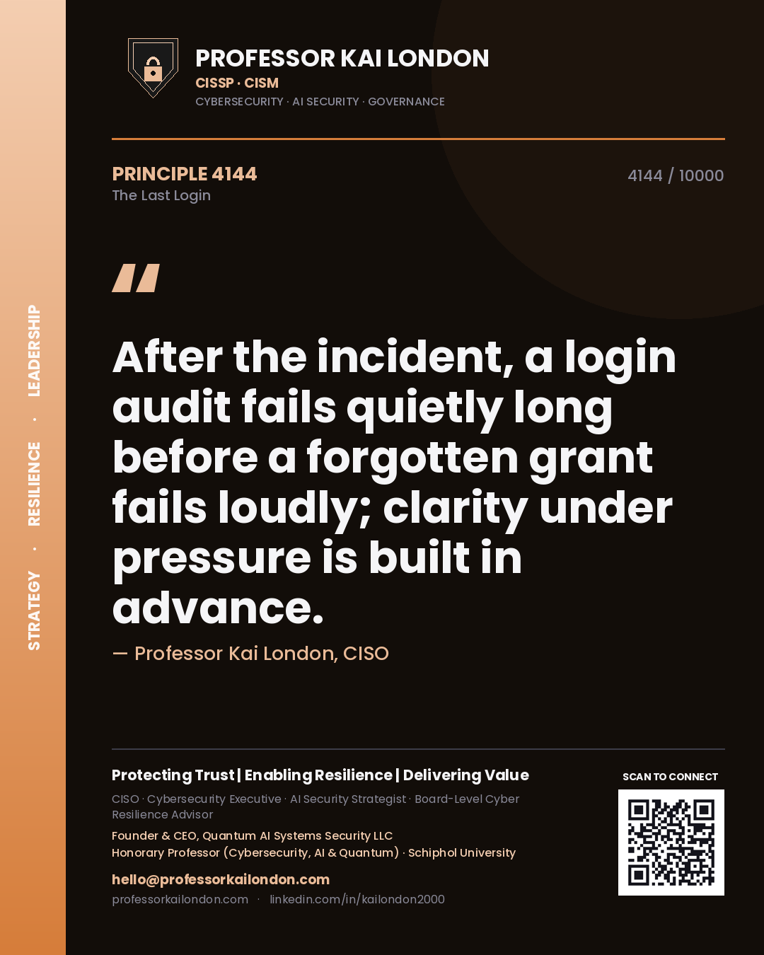 Quote card by Professor Kai London reading 'After the incident, a login audit fails quietly long before a forgotten grant fails loudly; clarity under pressure is built in advance.'. From the book The Last Login.