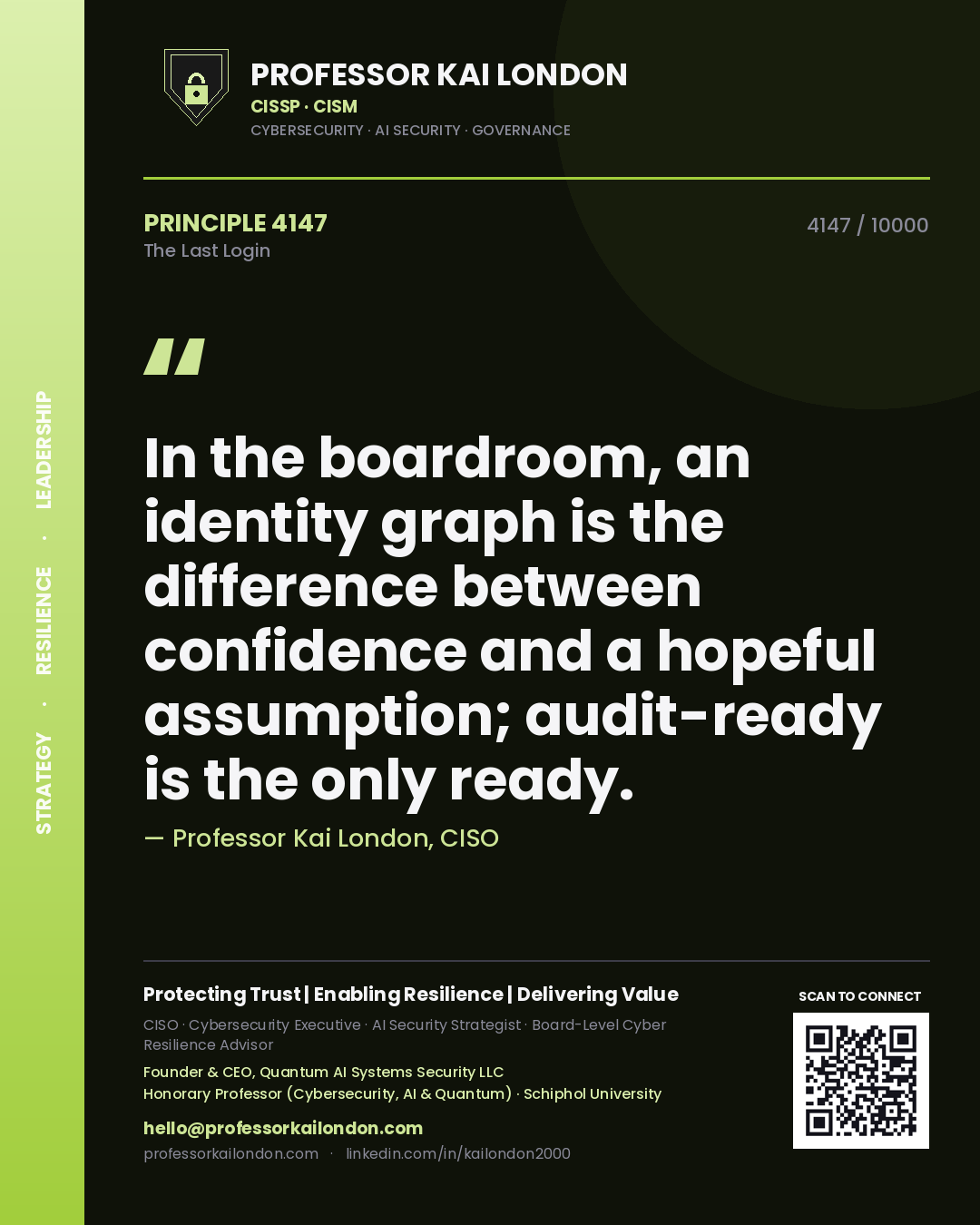Quote card by Professor Kai London reading 'In the boardroom, an identity graph is the difference between confidence and a hopeful assumption; audit-ready is the only ready.'. From the book The Last Login.