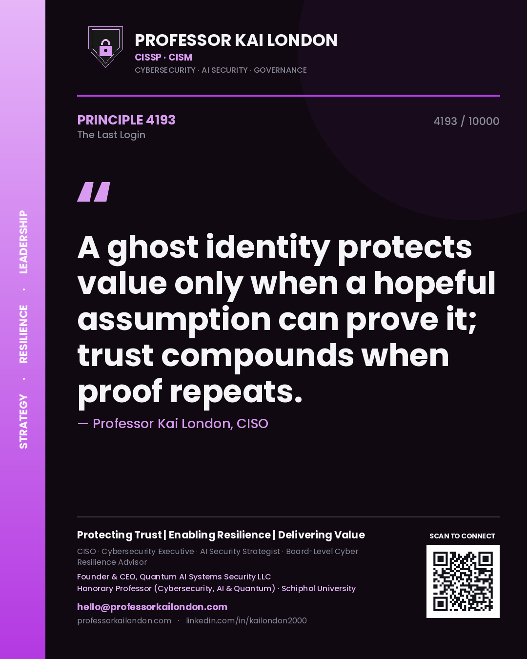 Quote card by Professor Kai London reading 'A ghost identity protects value only when a hopeful assumption can prove it; trust compounds when proof repeats.'. From the book The Last Login.